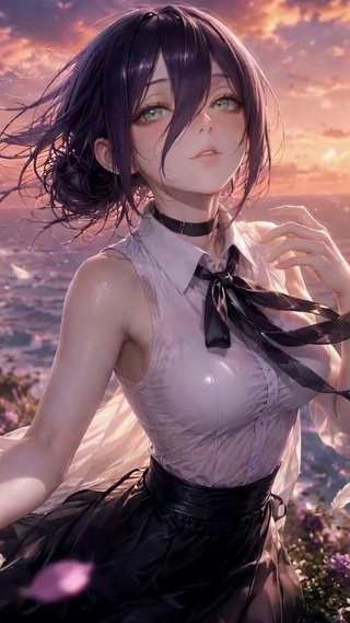 海边日落紫发二次元美少女