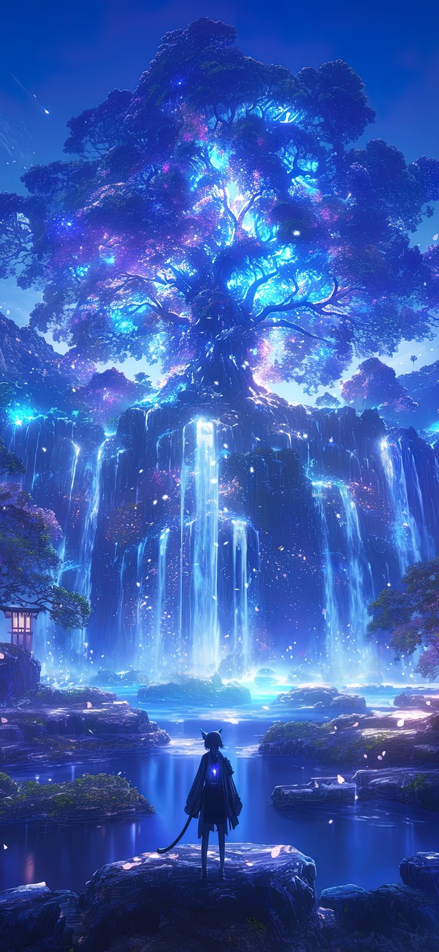 奇幻神树瀑布前的女剑客
