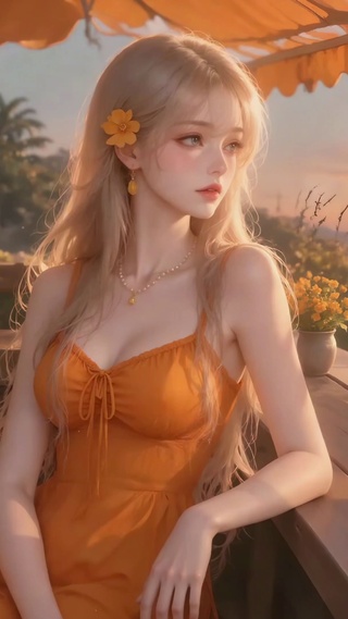 落日海边金发美女