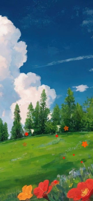 蓝天 红花 和草坪