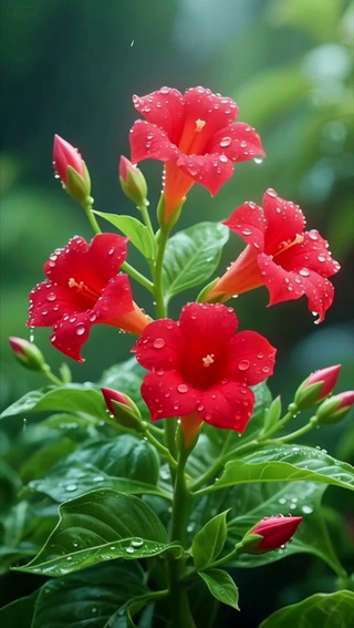雨中红色风铃花