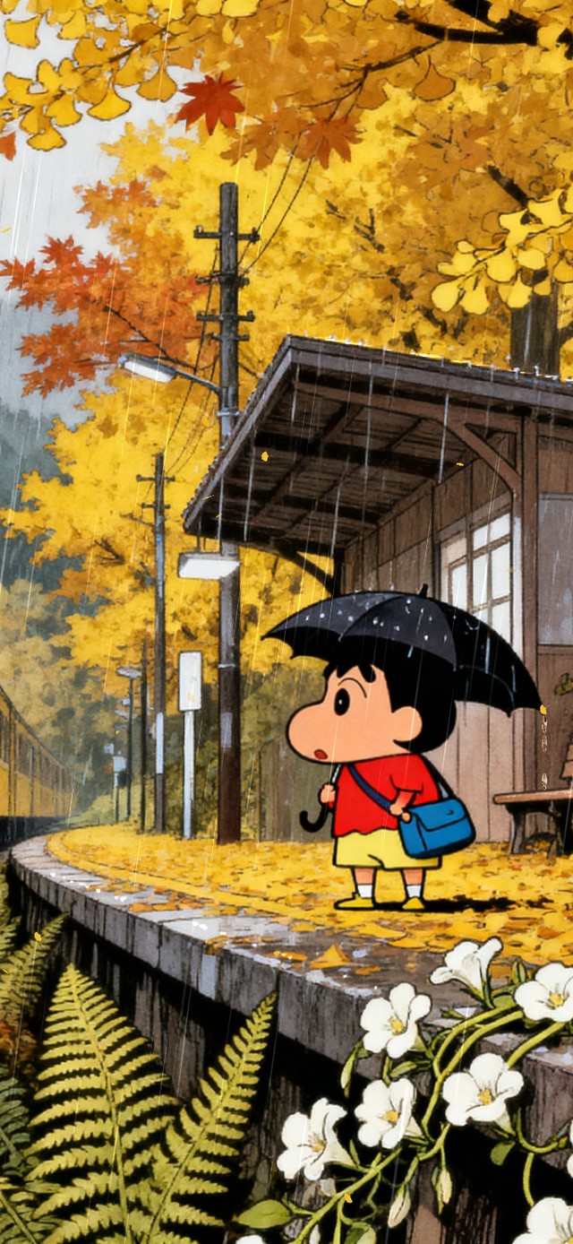 火车站旁躲雨的蜡笔小新