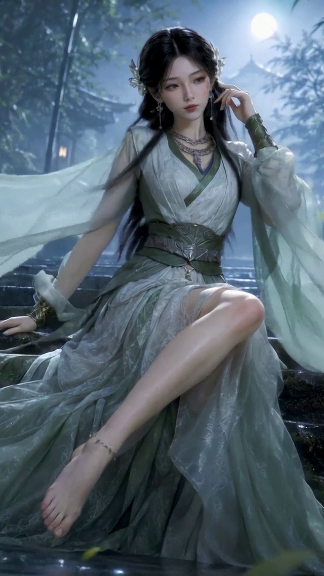 月夜竹林古风汉服美女