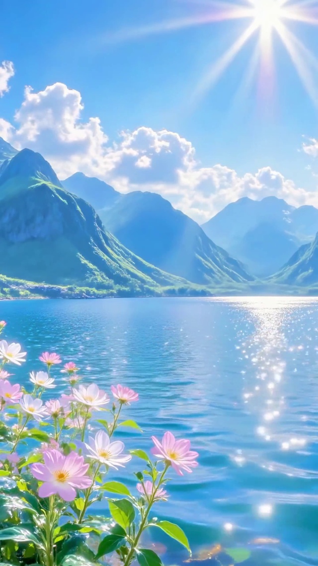 阳光洒落的山间湖泊