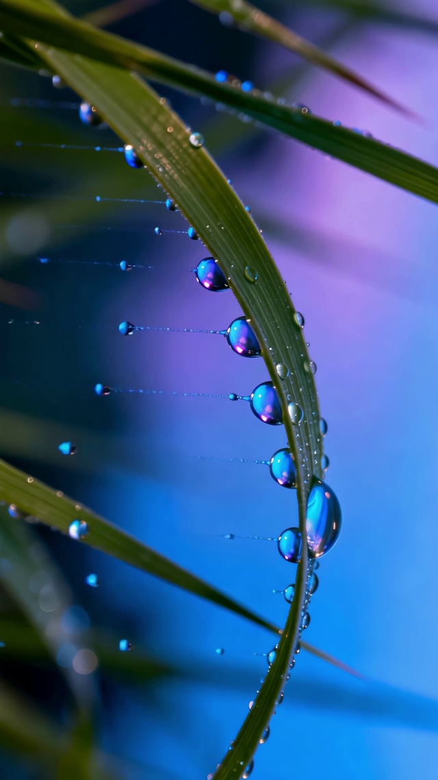 蓝调雨后草叶水珠唯美风景