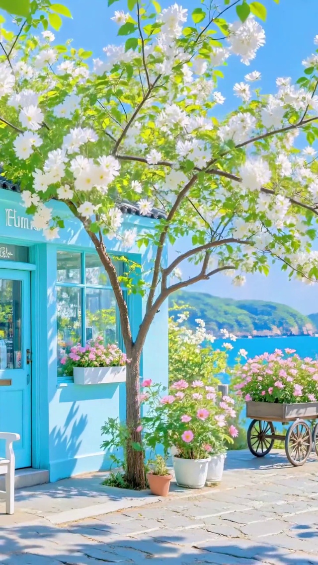 春日海边的蓝色小屋