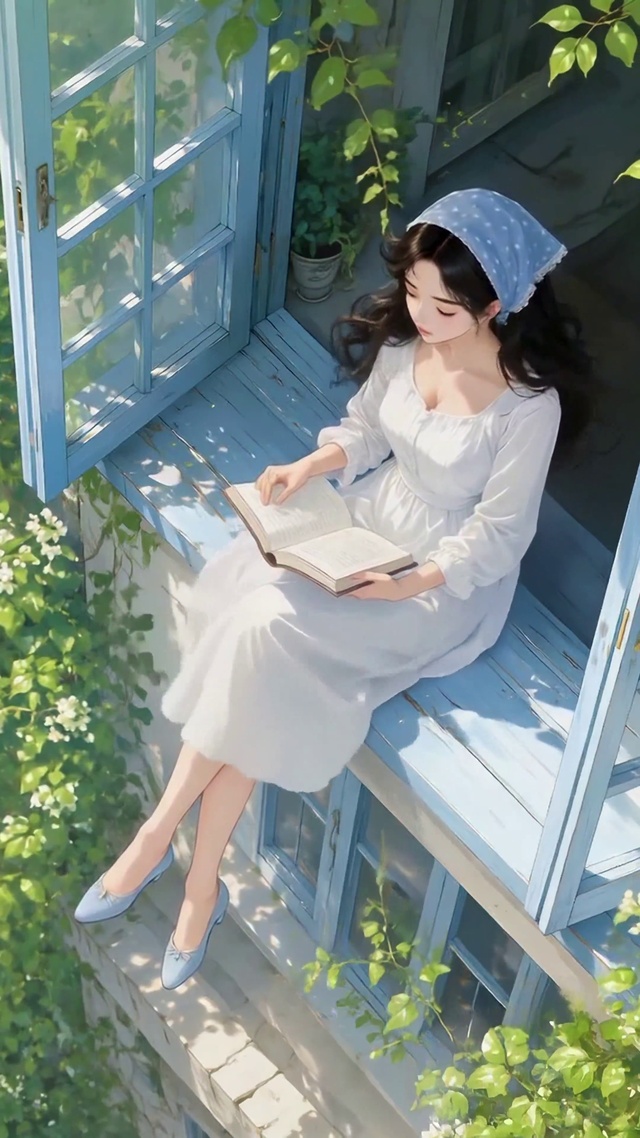 花墙窗边读书美少女