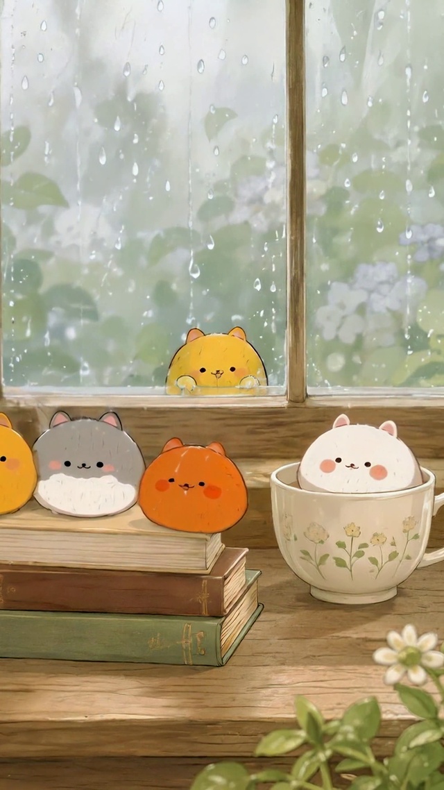 雨天窗台可爱小猫聚会