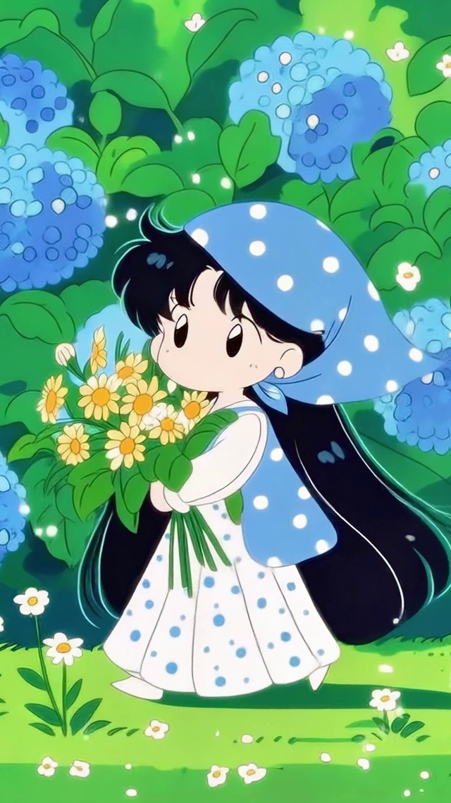 绣球花田的抱花少女