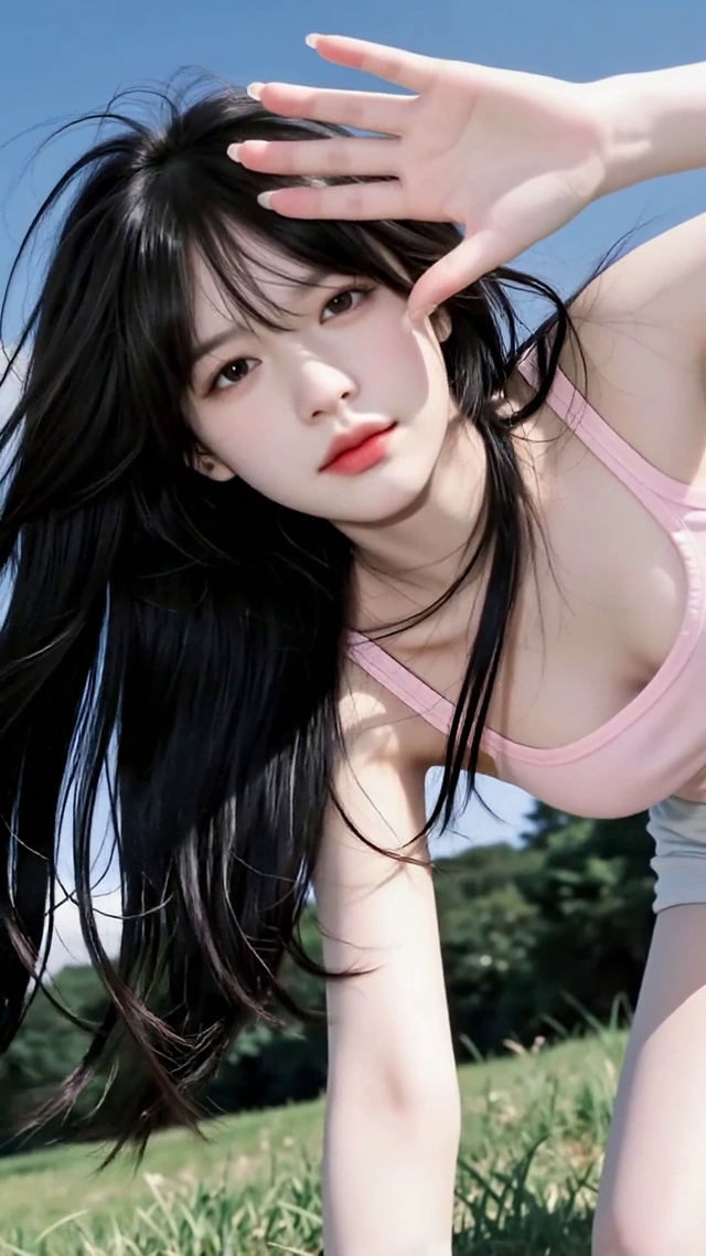 晴天草地清纯美少女