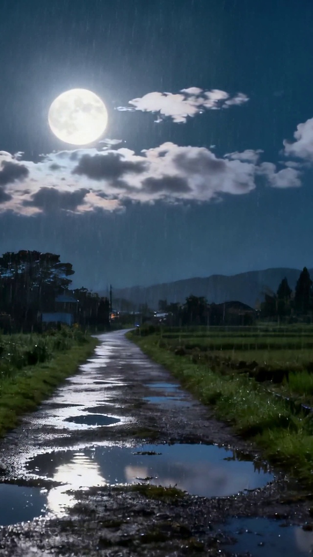 雨夜满月乡野风景