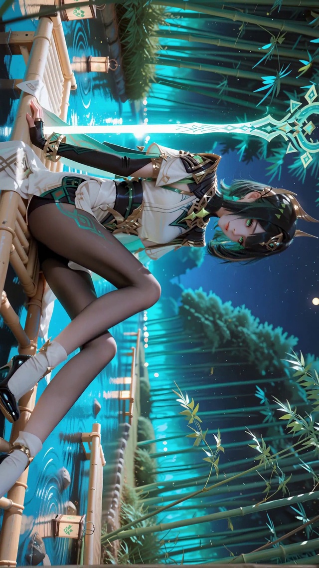 夜间湖泊竹林女孩奈芙尔