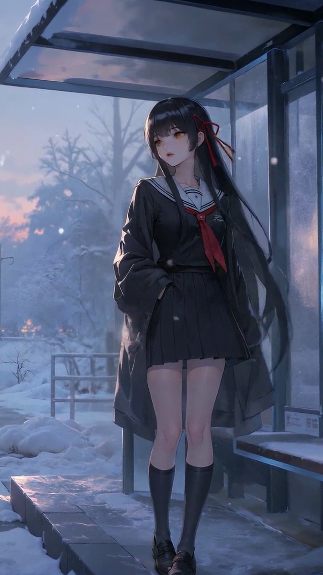 冬雪黄昏公交站女孩千咲