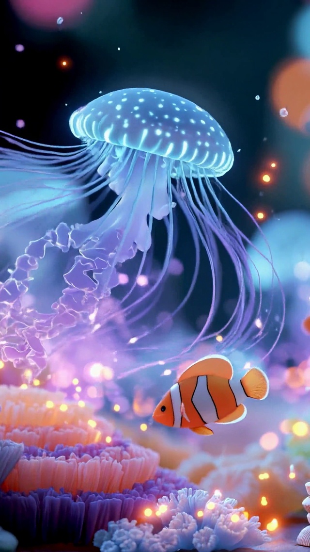 梦幻唯美发光深海水母世界