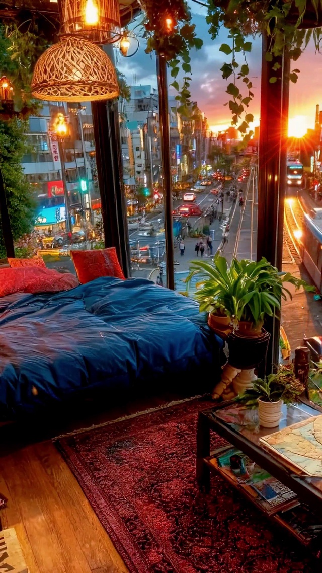 落日城市窗边治愈小屋
