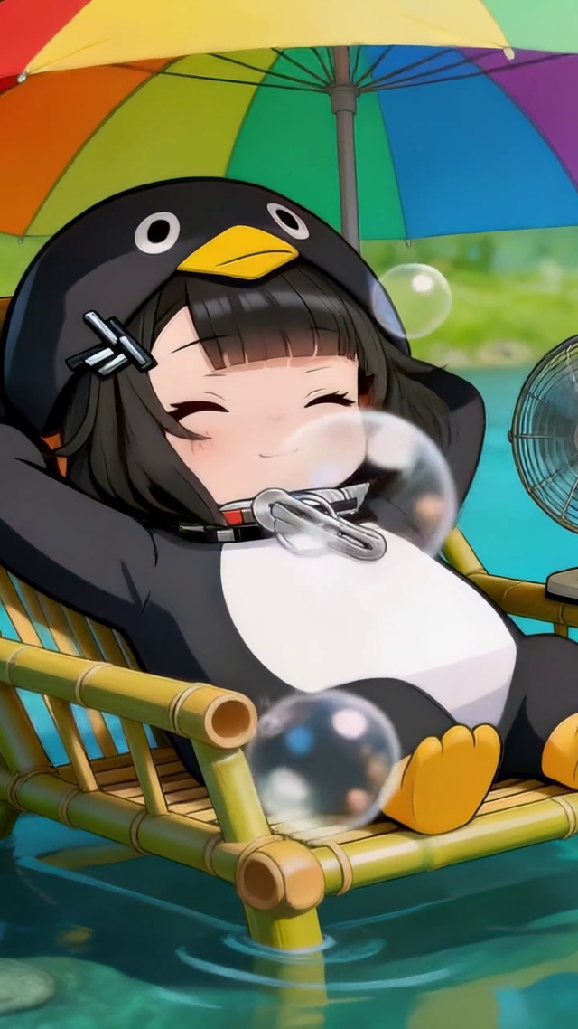 溪边躺椅晒太阳的企鹅管理员