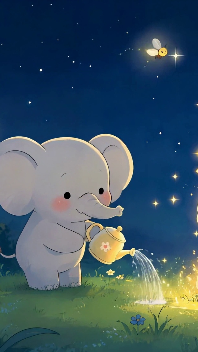 治愈夜空可爱小象浇花