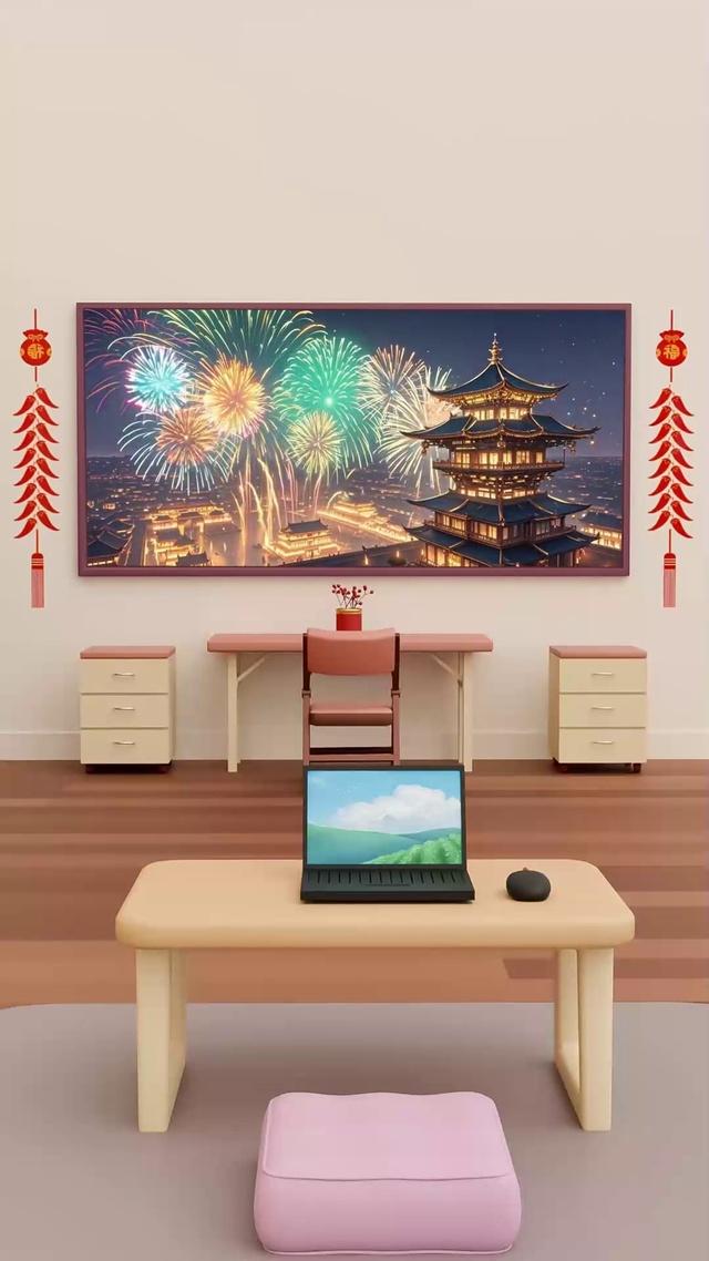 3D中国风烟花主题书架壁纸
