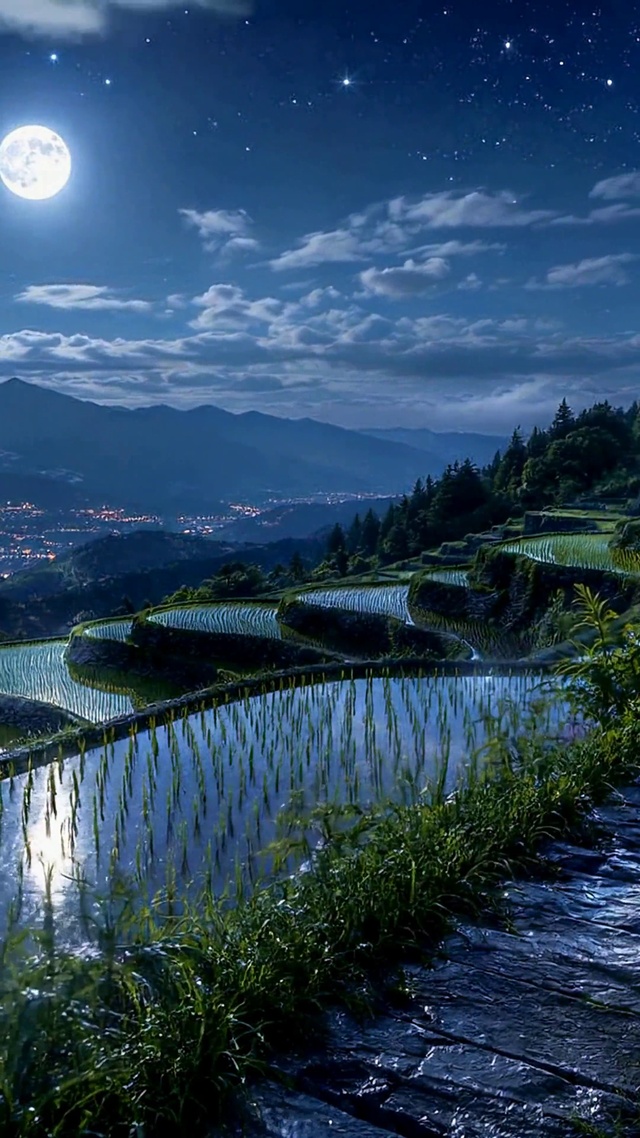 月夜星空梯田山间夜景