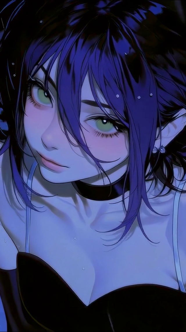 雨夜蓝发二次元美少女
