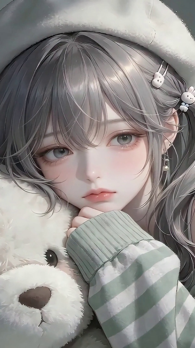 卧室抱泰迪熊少女