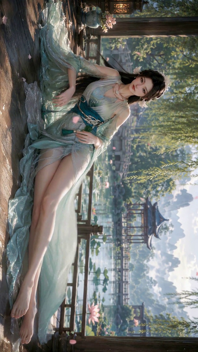 古风园林湖边清丽美人