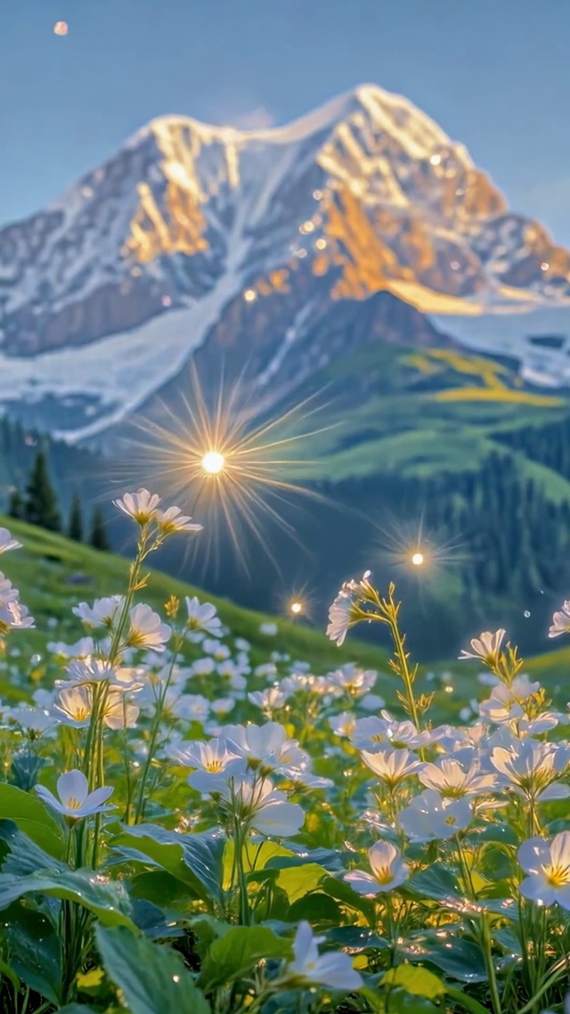 雪山花海晨光