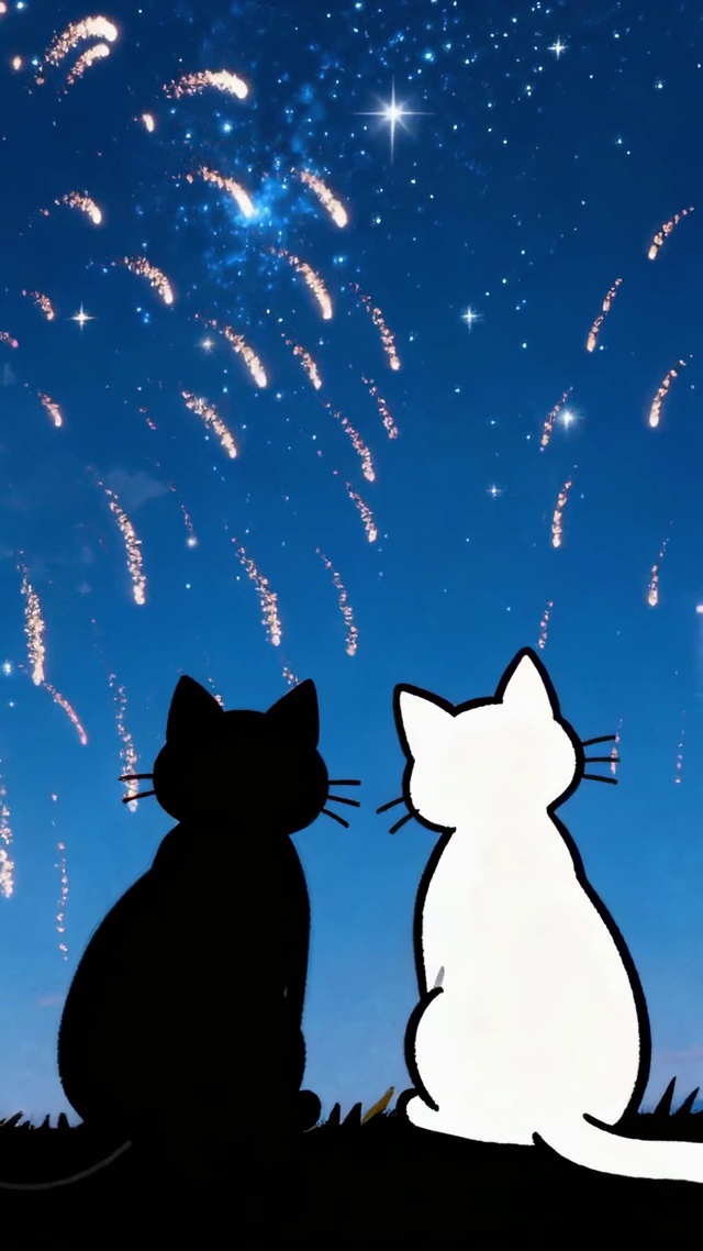 烟花下的双猫