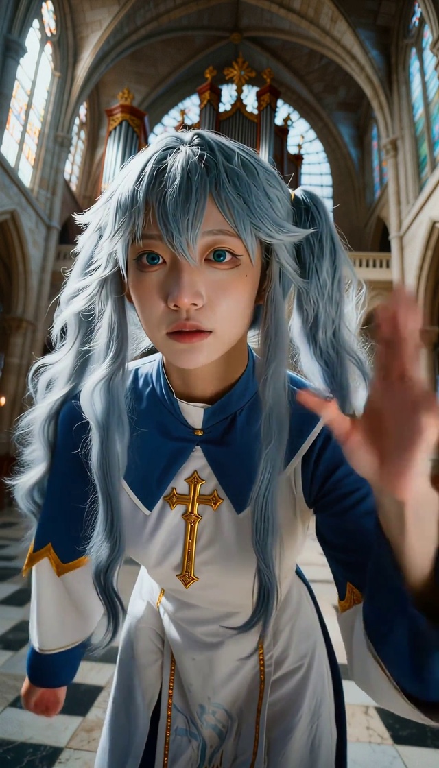 蓝发教廷少女，可爱手势舞