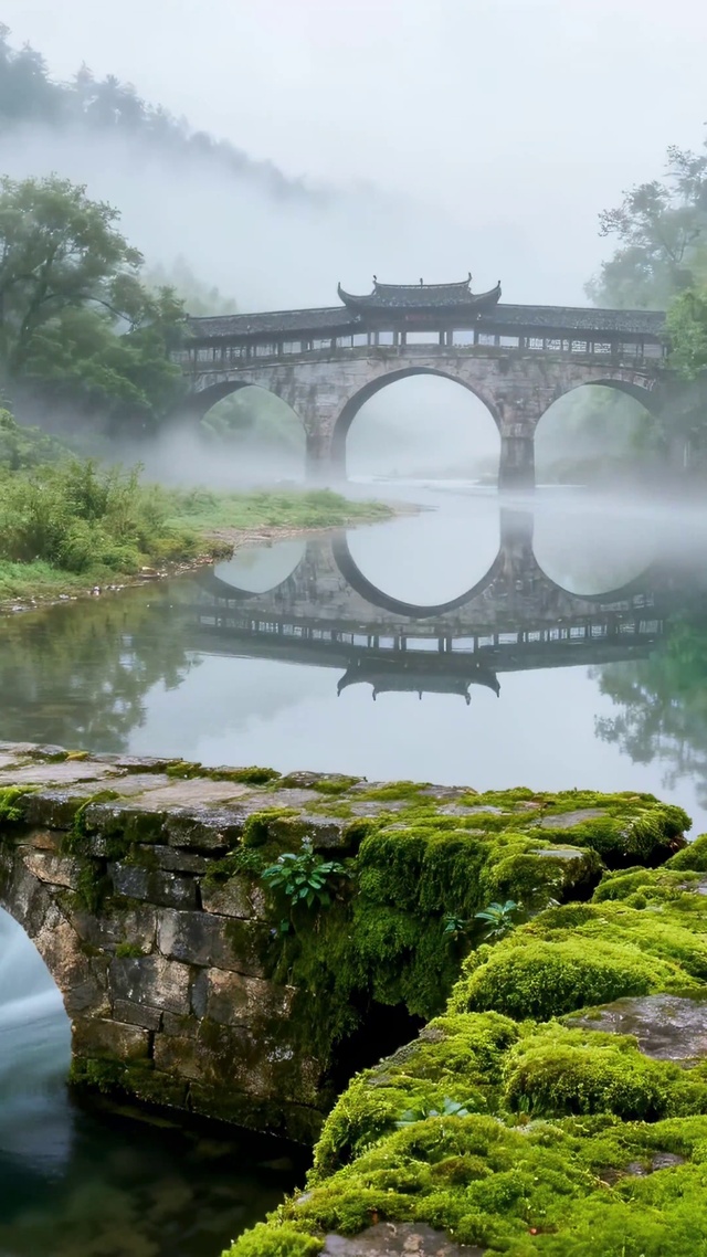 雾染青山古桥溪流