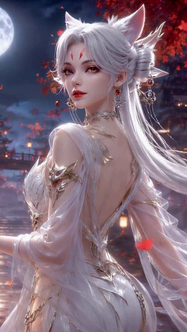 红枫月夜古风狐耳美少女