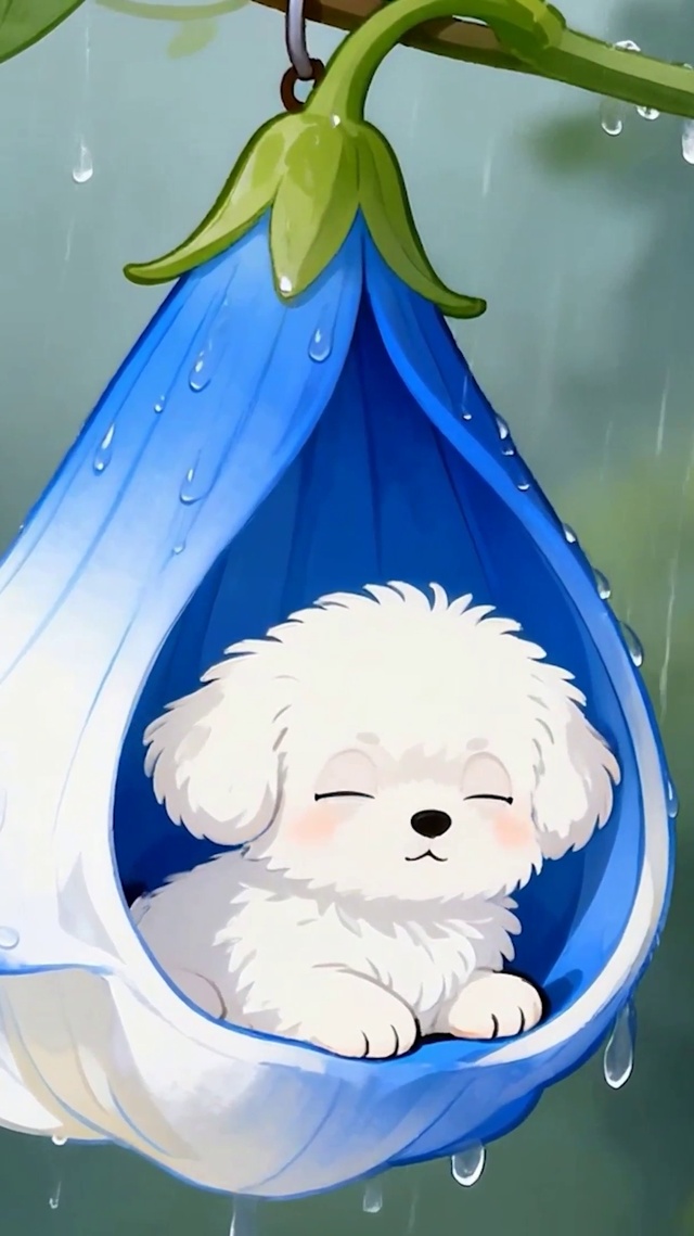 雨天喇叭花下小狗