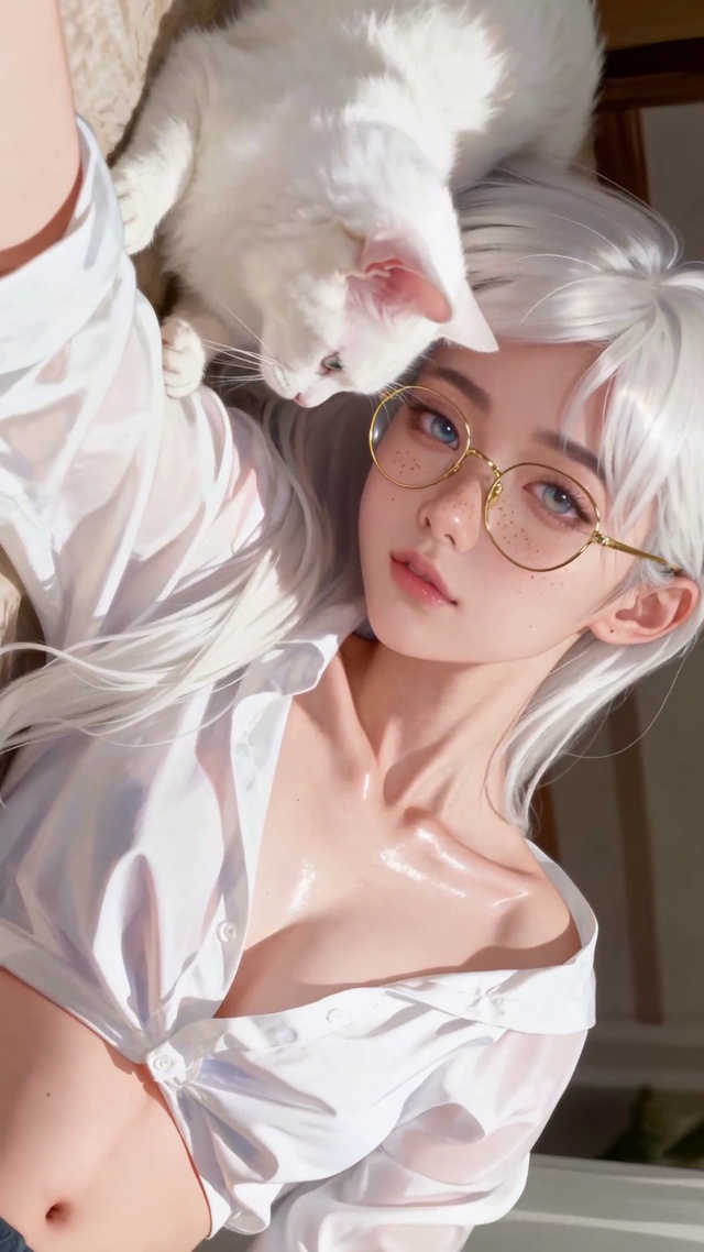 银发眼镜美少女与白猫