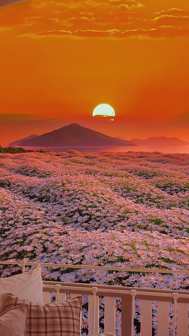 唯美晚霞雏菊花海