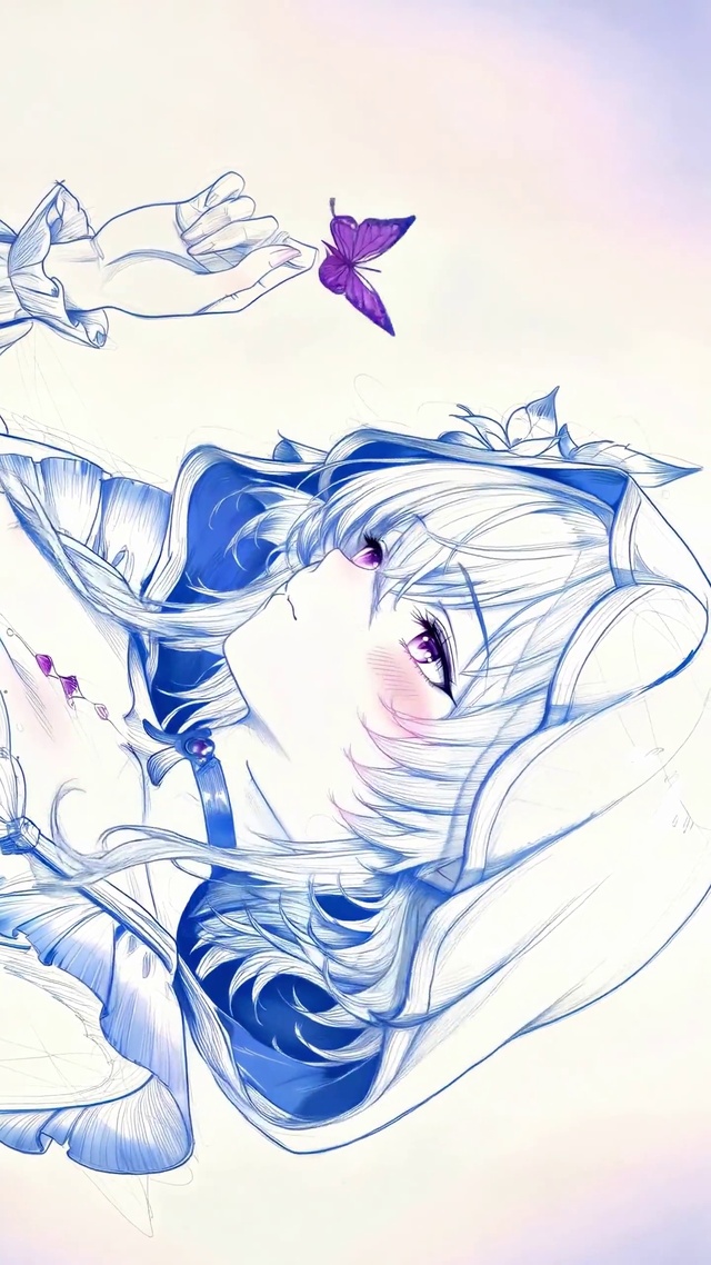 蓝线画指尖紫蝶少女