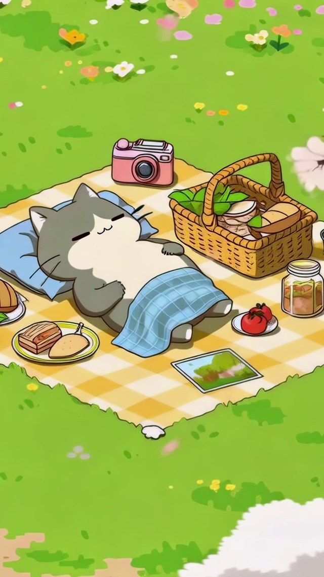 樱花草地上的野餐猫咪
