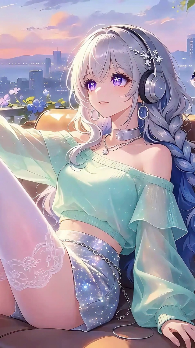 享受夕阳的薄荷绿少女