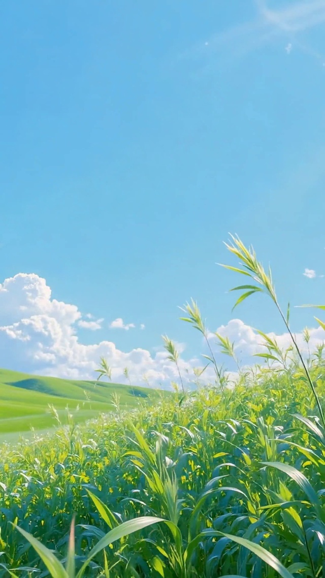 晴日绿野青草地治愈风景