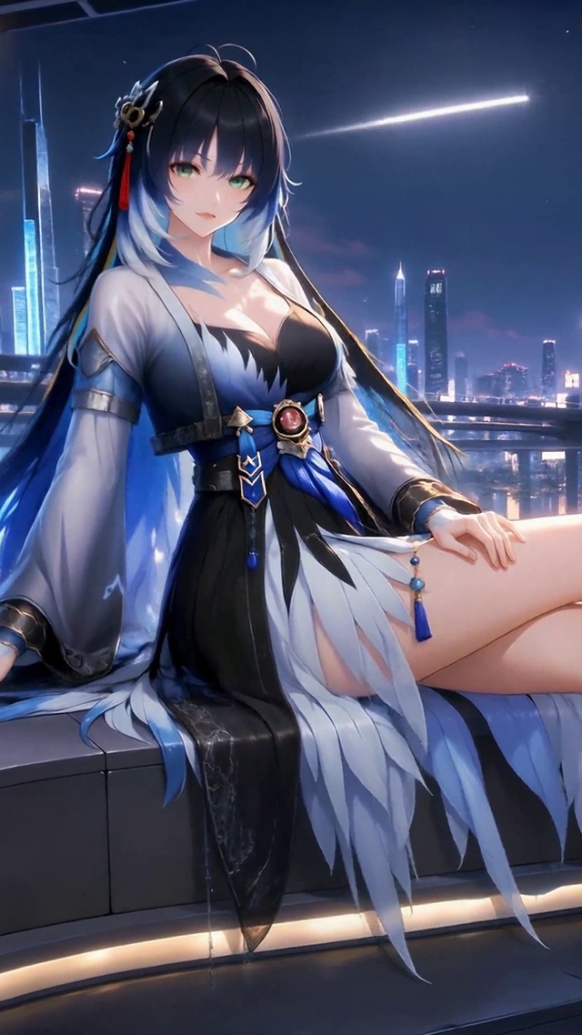 夜色江畔的蓝发少女