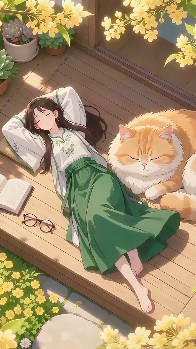 小院晒太阳的少女和猫