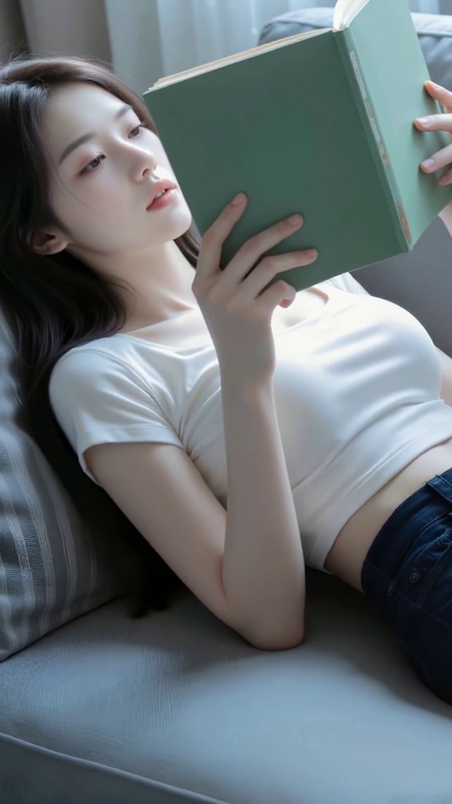 沙发上阅读的清纯少女
