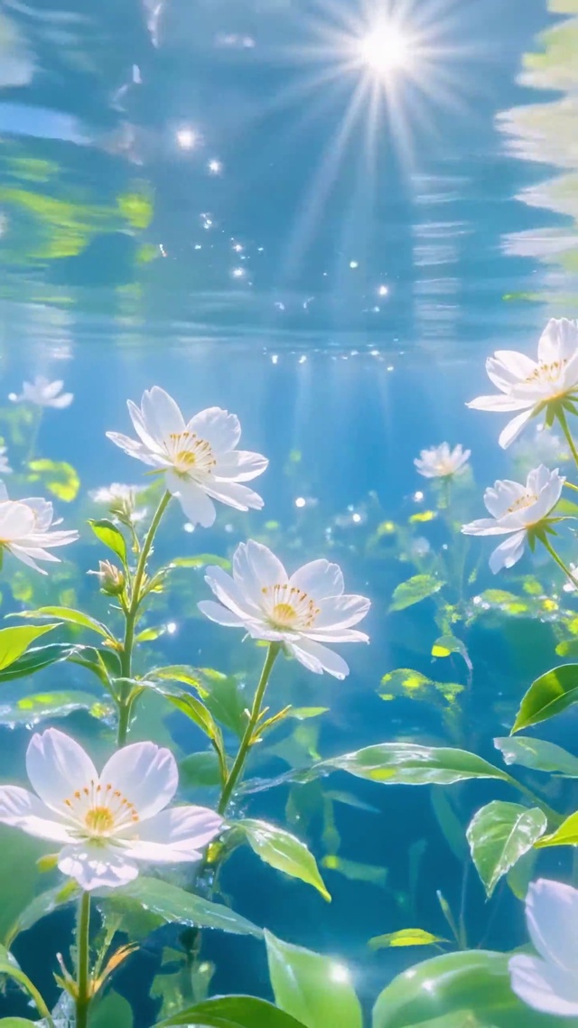 水底阳光里的白色小花