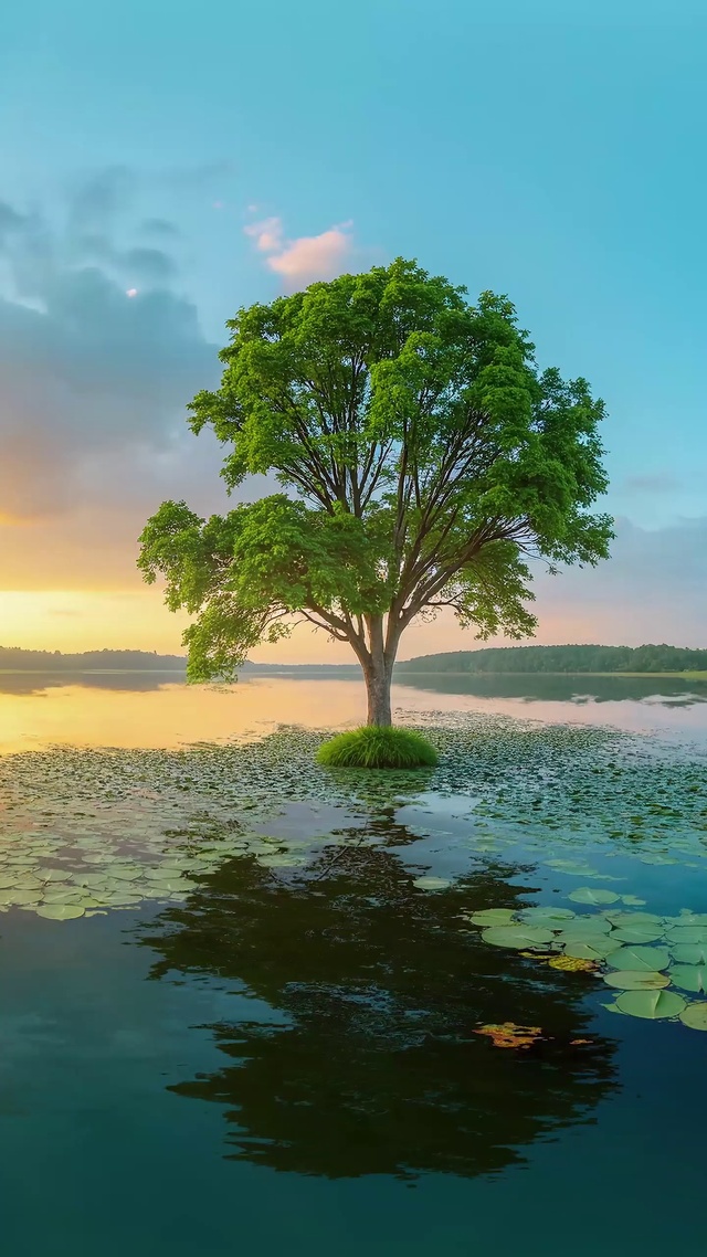 唯美治愈荷塘落日