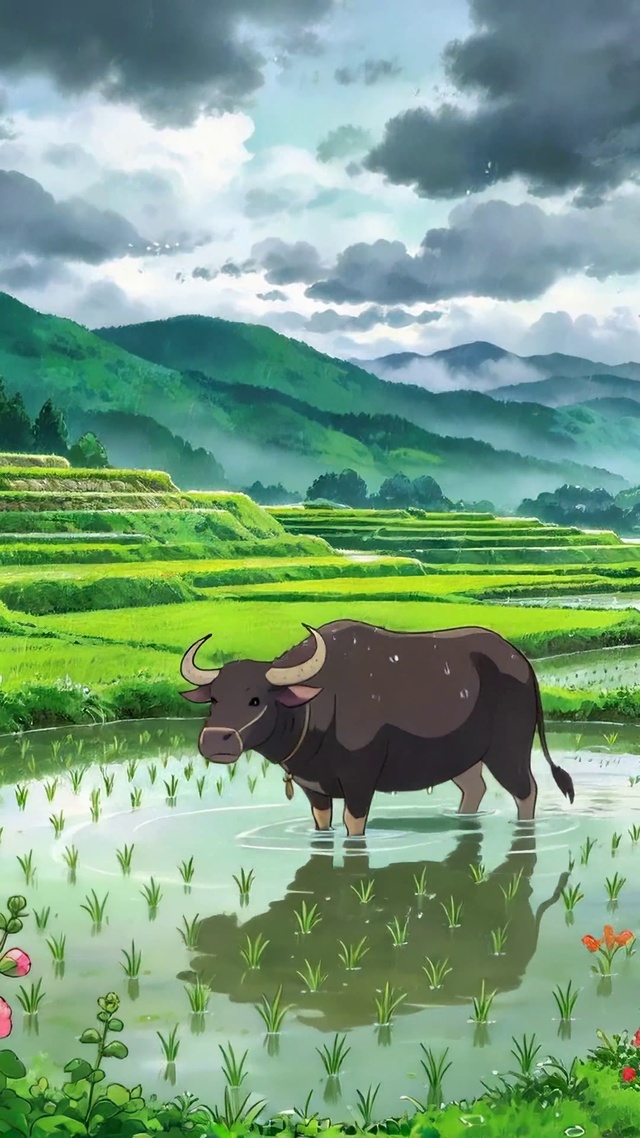 雨中梯田水牛田园风景