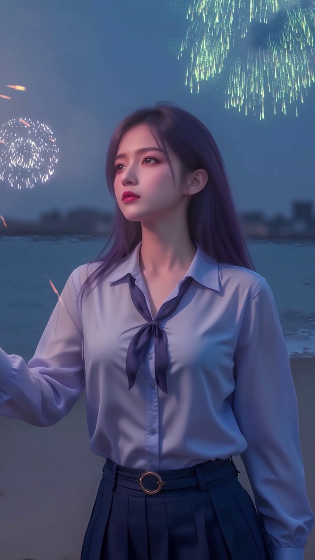 浪漫海滩烟花美女