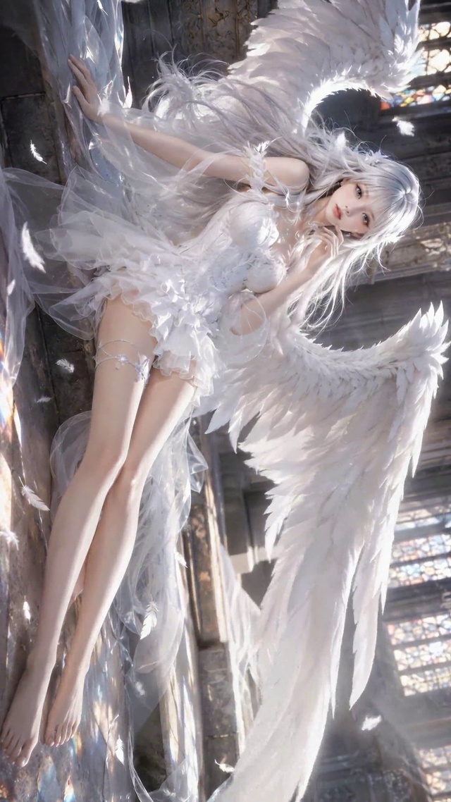 教堂银发白翼天使美少女