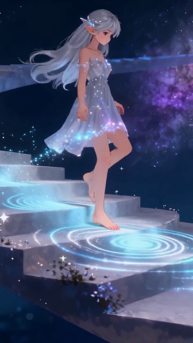 星空阶梯银发精灵少女