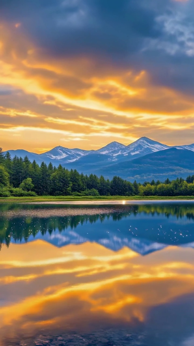 山林间的镜面湖日落