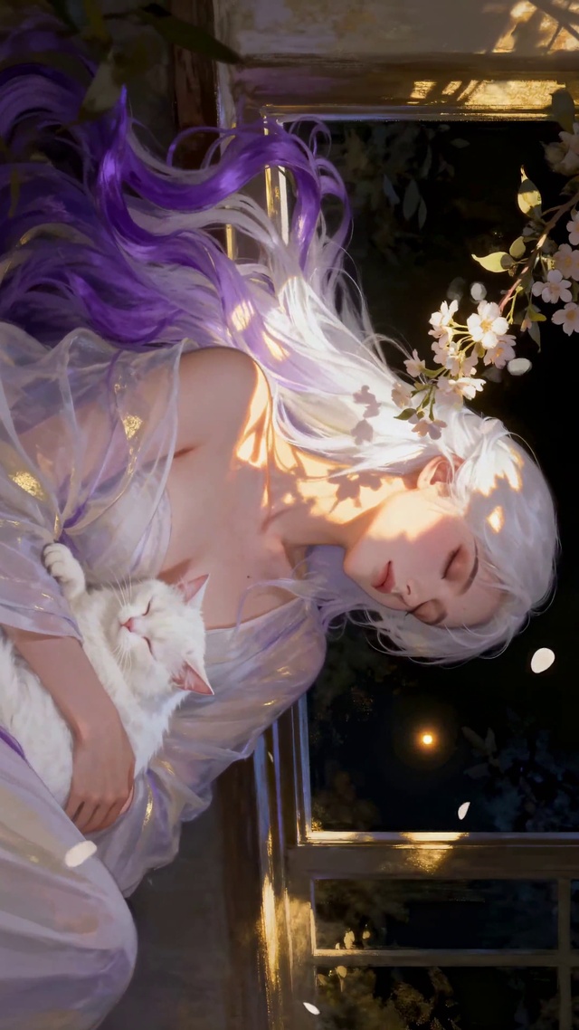 纯欲古风国风夜晚月光女孩与猫