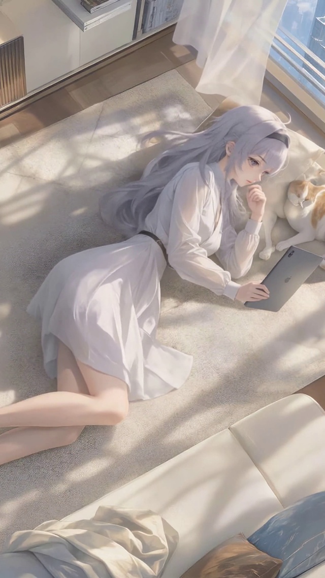 窗边慵懒银发少女与猫咪